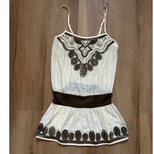 Vtg forever 21 Boho Festival Crochet Peplum Camisole Top Cream Brown L hippy